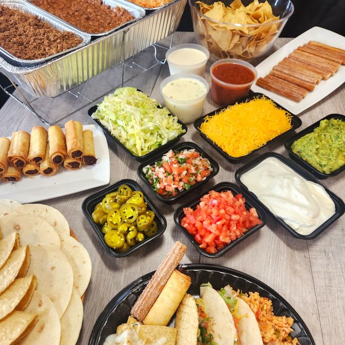 Taco Bar & White Queso, Crisp Burritos + Churros