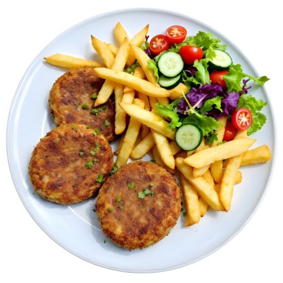 Chicken & Veg Rissoles w' chips & garden salad