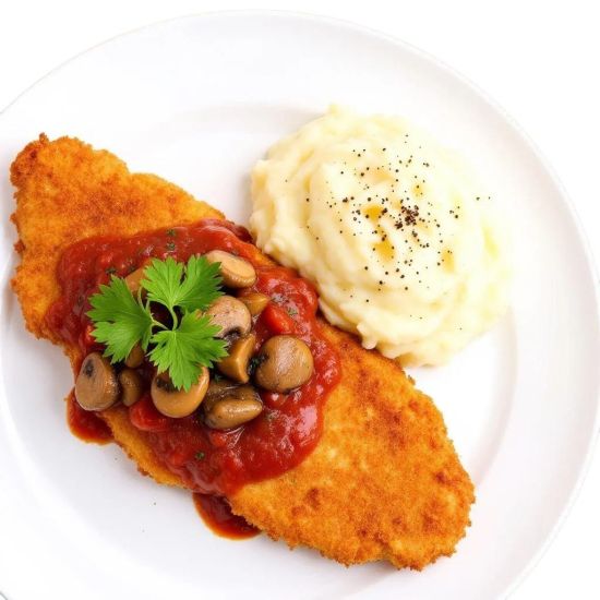 Italian Baked Schnitzel w' tomato mushroom sauce and mash