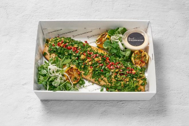 1.8kg Side of Salmon with Yoghurt, Herbs, Pomegranate, & Charred Lemon