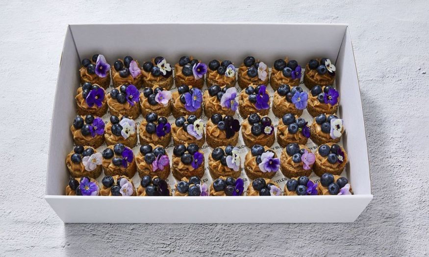 Banana Bread Bites with Vanilla Frosting & Blueberries