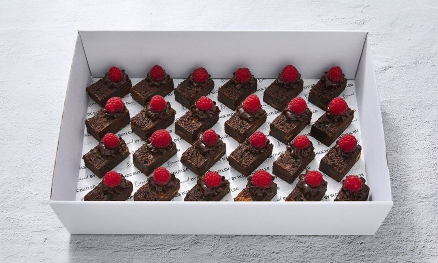Brownie Bites with Chocolate Frosting & Raspberries