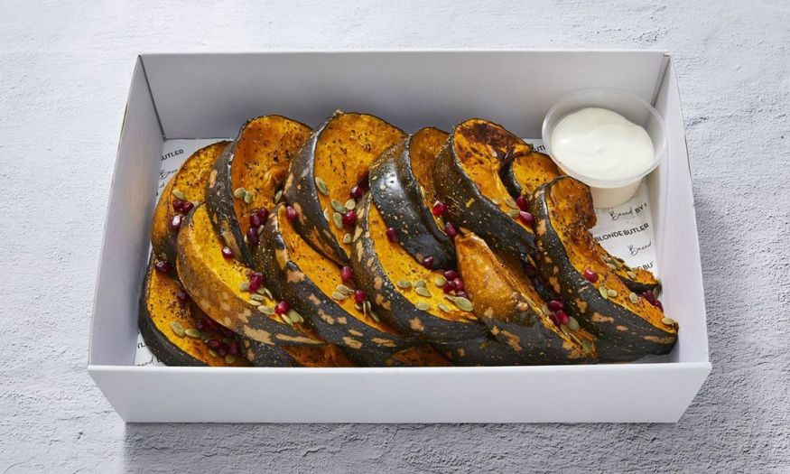 Roast Pumpkin with Harissa Yoghurt, Pepitas, and Pomegranate
