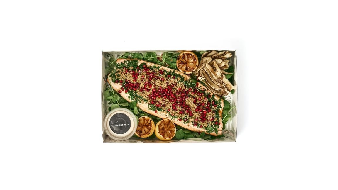 1.8kg Side of Salmon with Yoghurt, Herbs, Pomegranate, & Charred Lemon