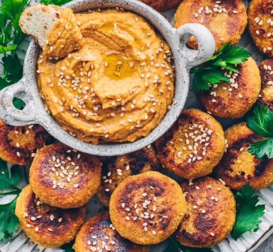 Falafel with carrot coriander hummus