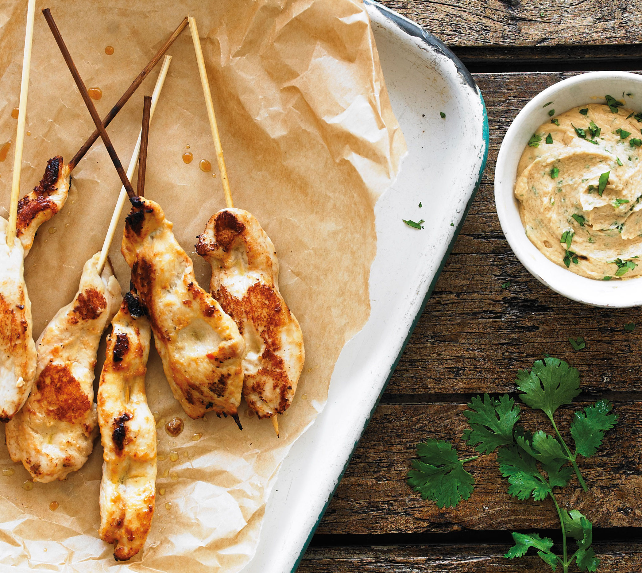 Sumac chicken skewers with hummus