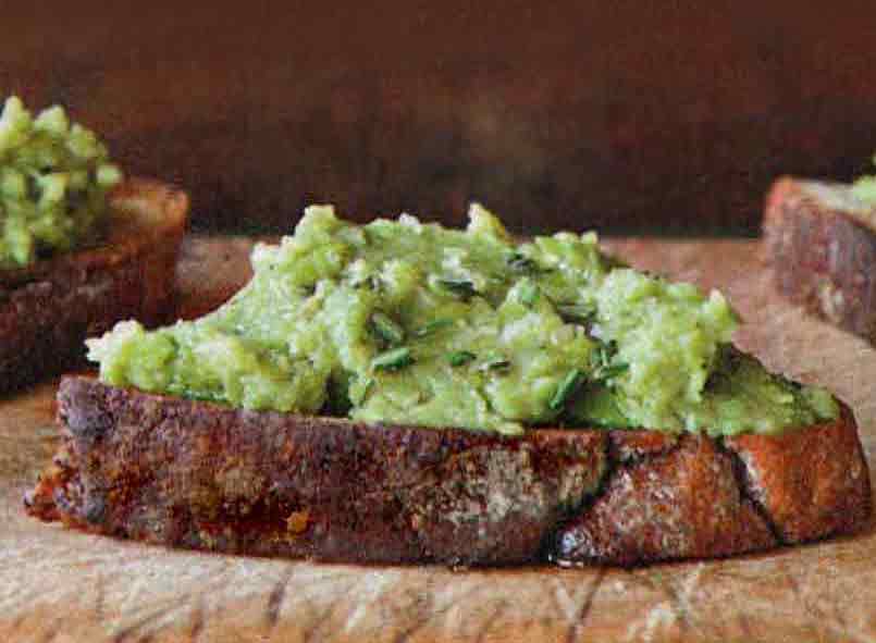 Creamy fresh fava purée on crostini