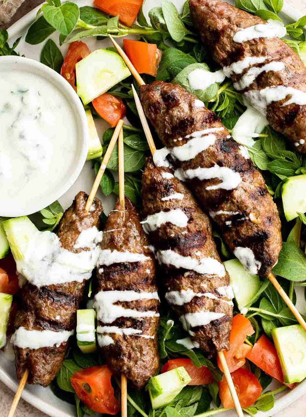 Beef kofta skewers with yogurt sauce