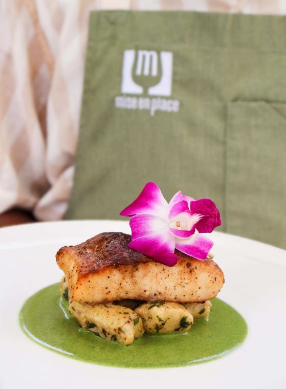 Pan Seared Mahi / Ripe Plantain Gnocchi / Callaloo Veloute