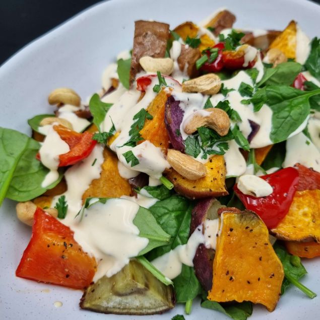 Roasted Kumara With Cashews And Coconut Dressing