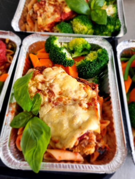 Ready Made Meals- Chicken Parmigiana with Pasta & Vegetables serves 1/2   20 x 14
