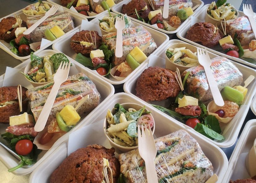 5 Piece Lunch ( Ploughmans sandwich, savoury stick, fruit kebab, sweet muffin, pesto pasta salad)