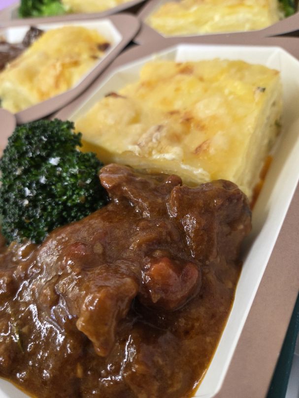 Beef Casserole with Potato Gratin and Broccoli