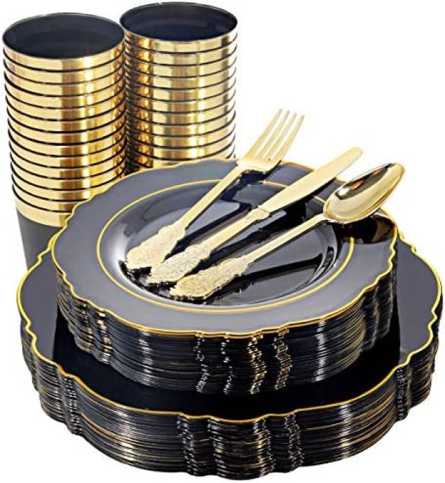 Fancy Utensils: 9” Plates, Forks, Knives, Napkins, Cups & Tongs (10 of Each)