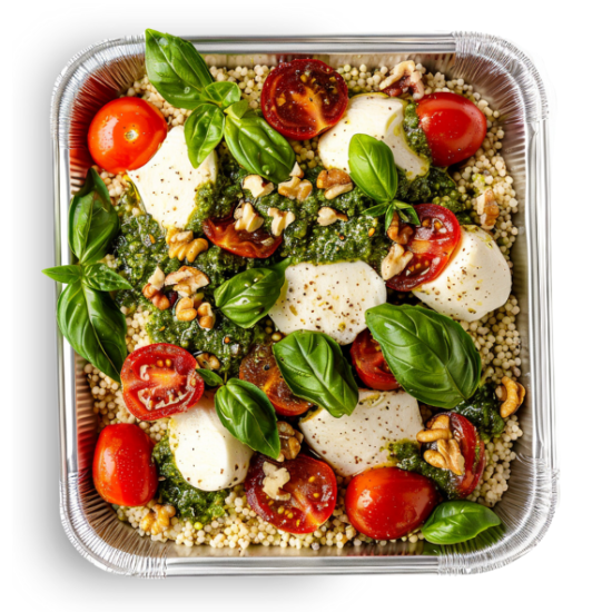 Pesto Couscous w/ Blistered Grape Tomatoes, Micro Herbs & Porcini Glaze (32 oz.)