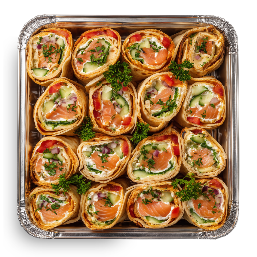 Smoked Salmon Rolls w/ Dill Cream Cheese, Tomato, Cucumber & Red Onion (16 Pieces)