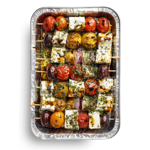 Greek Caprese Skewers w/ Feta, Tomatoes, Olives, Pomegranate Molasses (16 Skewers)