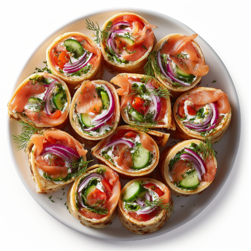 Smoked Salmon Rolls w/ Dill Cream Cheese, Tomato, Cucumber & Red Onion (16 Pieces)