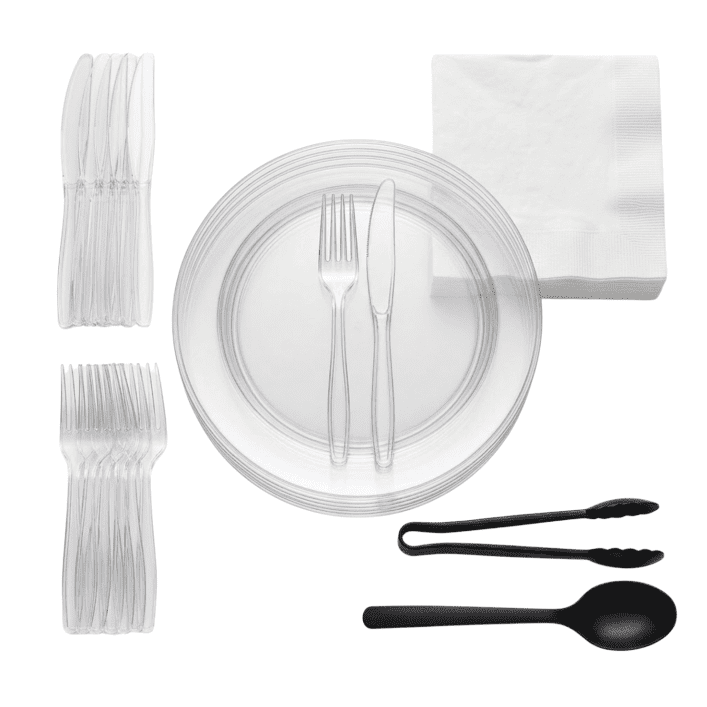 Fancy Utensils: 9” Plates, Forks, Knives, Napkins, Spoons & Tongs (10 ct)